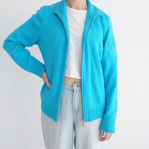 Lauren Ralph Lauren Turquoise Zip Front Knit Cardigan Cotton Preppy XL